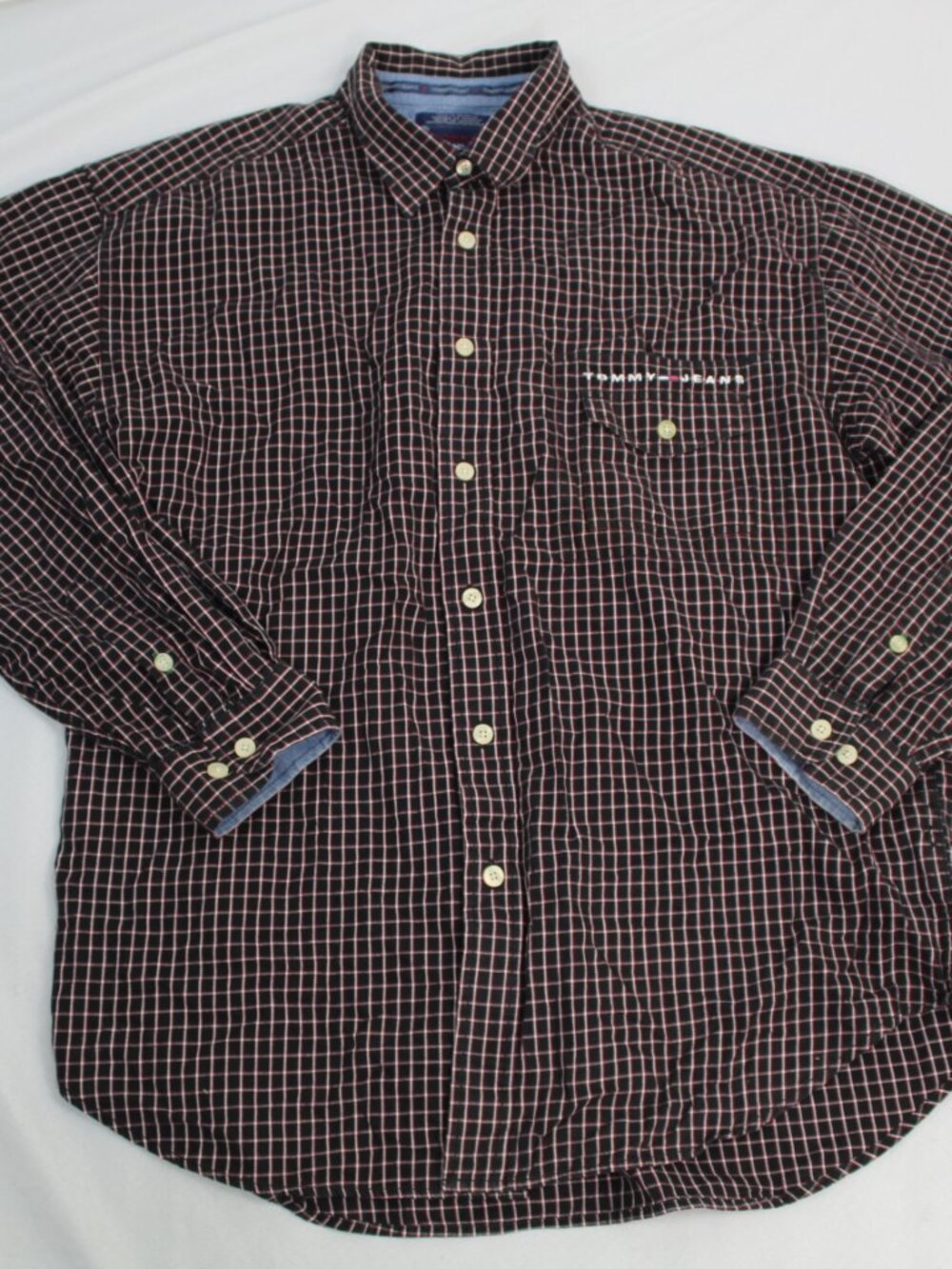 Vintage Tommy Hilfiger Jeans Mens Plaid Button Shirt Size XL Block Logo